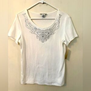 Rebecca Malone Bright White Short Sleeve Clear Rhinestone Embellished Sz med-NWT